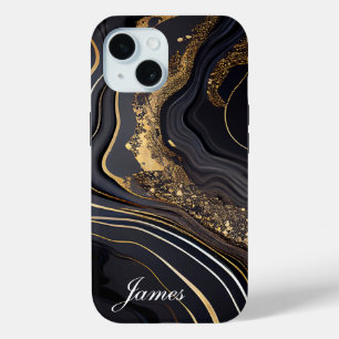 Luxury Personalized Black And Gold Marble iPhone 15 Case