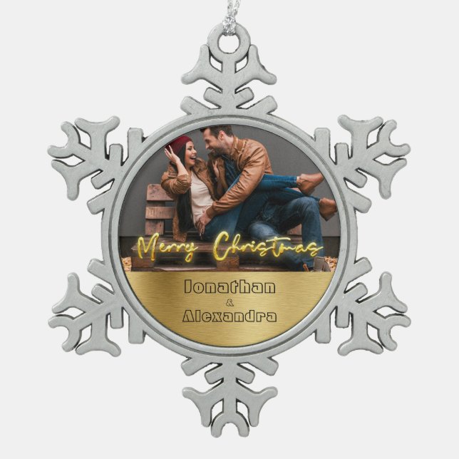 Luxury personalized Christmas gold and grey Snowflake Pewter Christmas Ornament (Front)