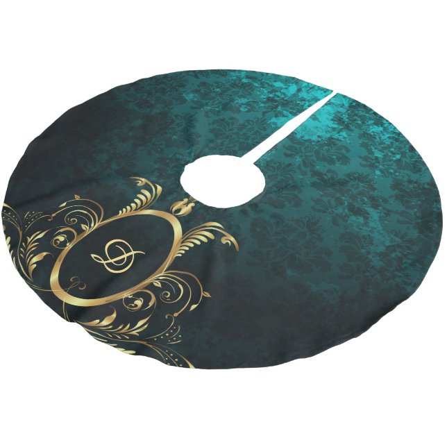 Luxury Personalized Damask gold Frame Brushed Polyester Tree Skirt (Angled)