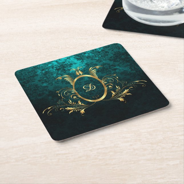 Luxury Personalized Damask gold Frame Square Paper Coaster (Angled)