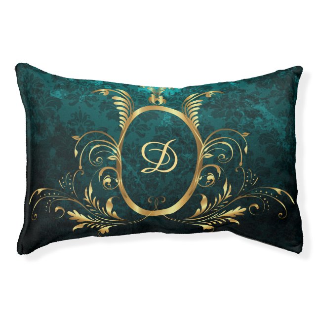 Luxury Personalized Damask Turquoise Pet Bed (Front)