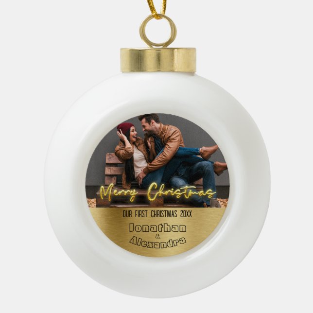Luxury personalized first Christmas Elegant Couple Ceramic Ball Christmas Ornament (Front)