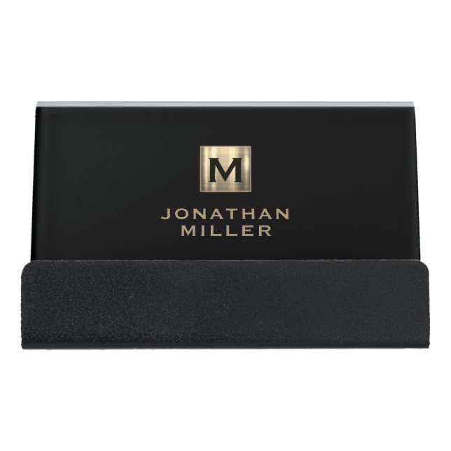 Luxury Personalized Monogram Black and Gold Desk Business Card Holder (Front)