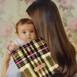 Luxury Personalized Olive Green, Pink & Gold Plaid Baby Burp Cloth
