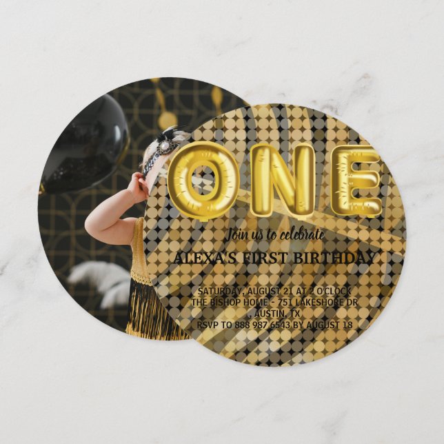 Luxury Photo Black and Gold disco Birthday Invitation (Front/Back)