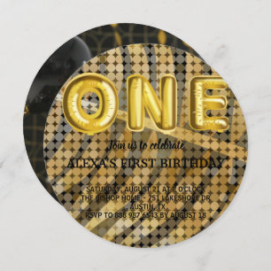 Luxury Photo Black and Gold disco Birthday Invitation