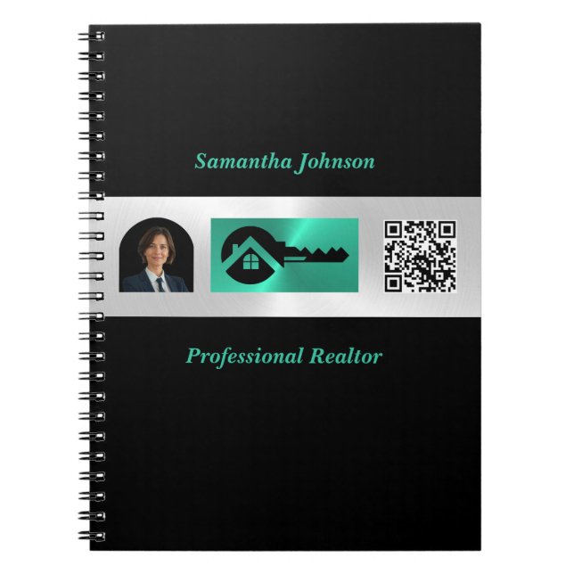 Luxury Photo Turquoise & Bl Key QR Real Estate  Notebook (Front)