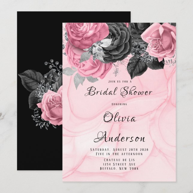 Luxury Pink and Black Floral Inking Bridal Shower Invitation (Front/Back)