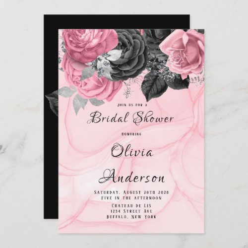 Luxury Pink and Black Floral Inking Bridal Shower Invitation