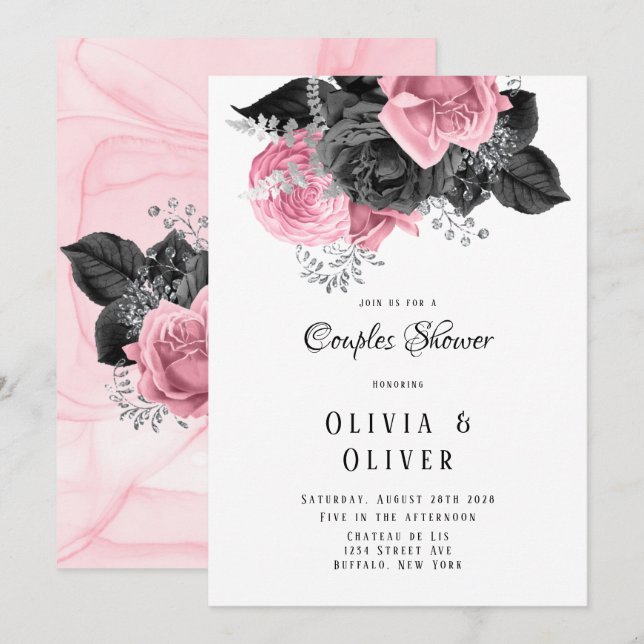 Luxury Pink and Black Floral Inking Couples Shower Invitation (Front/Back)