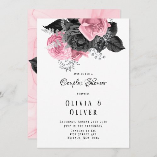 Luxury Pink and Black Floral Inking Couples Shower Invitation