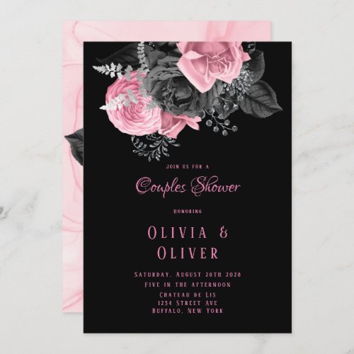 Luxury Pink and Black Floral Inking Couples Shower Invitation