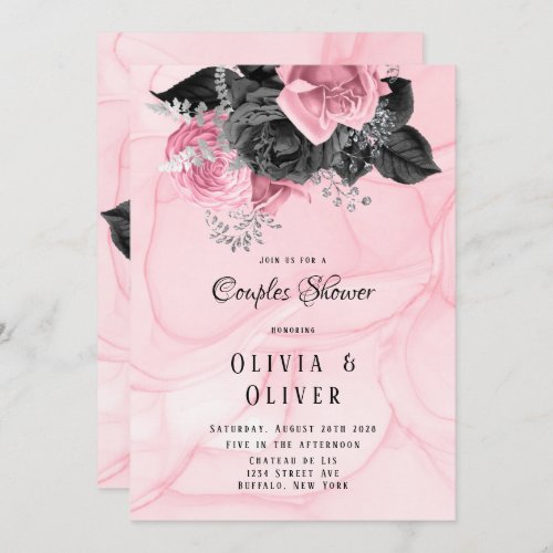 Luxury Pink and Black Floral Inking Couples Shower Invitation