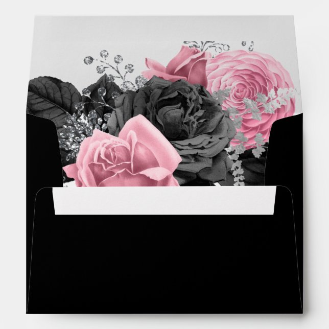 Luxury Pink and Black Floral Inking Wedding Envelo Envelope (Back (Bottom))