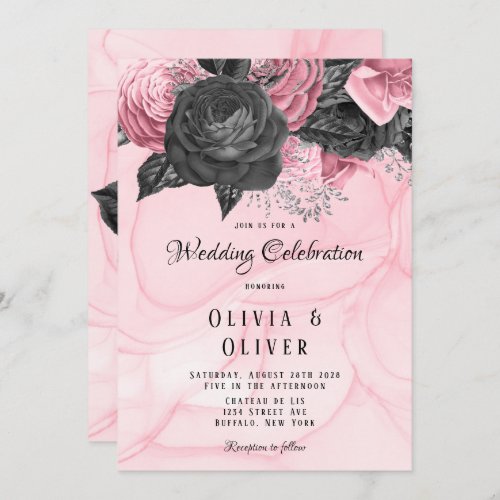 Luxury Pink and Black Floral Inking Wedding Invita Invitation