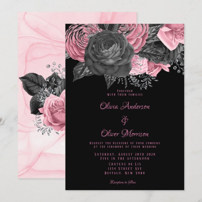 Luxury Pink and Black Floral Inking Wedding Invitation (Front/Back)
