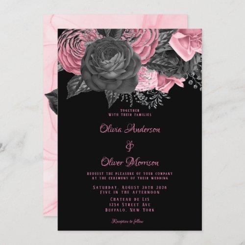 Luxury Pink and Black Floral Inking Wedding Invitation