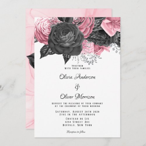 Luxury Pink and Black Floral Inking Wedding Invitation
