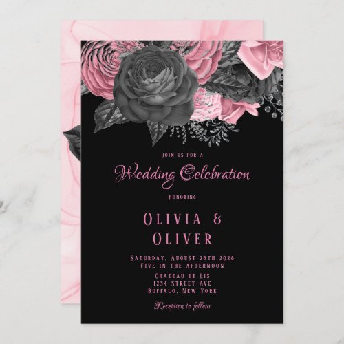 Luxury Pink and Black Floral Inking Wedding Invitation