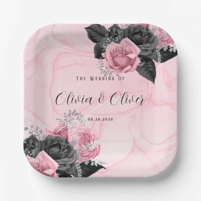 Luxury Pink and Black Floral Inking Wedding Paper Plates (Front)
