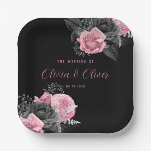 Luxury Pink and Black Floral Inking Wedding Paper  Plates