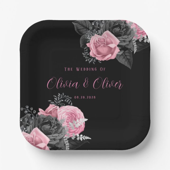 Luxury Pink and Black Floral Inking Wedding Paper  Plates (Front)