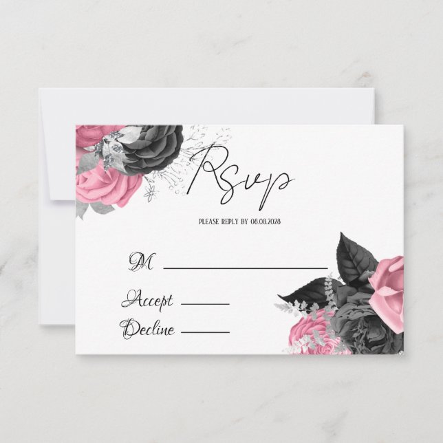 Luxury Pink and Black Floral Wedding RSVP Card (Front)