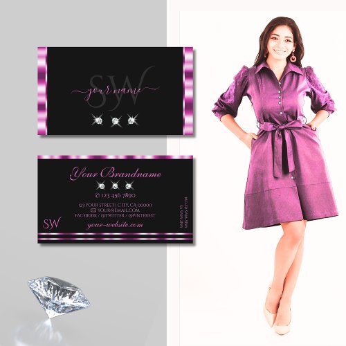 Luxury Pink and Black Sparkling Diamonds Initials Business Card