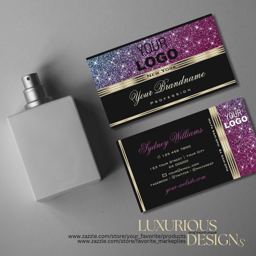 Luxury Pink and Purple Glitter add Logo Gold Black Business Card