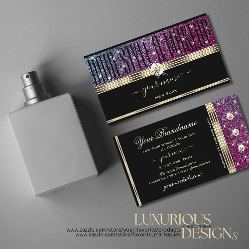 Luxury Pink and Purple Glitter Diamonds Gold Black Business Card