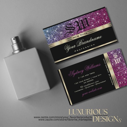 Luxury Pink and Purple Glitter Monogram Gold Black Business Card
