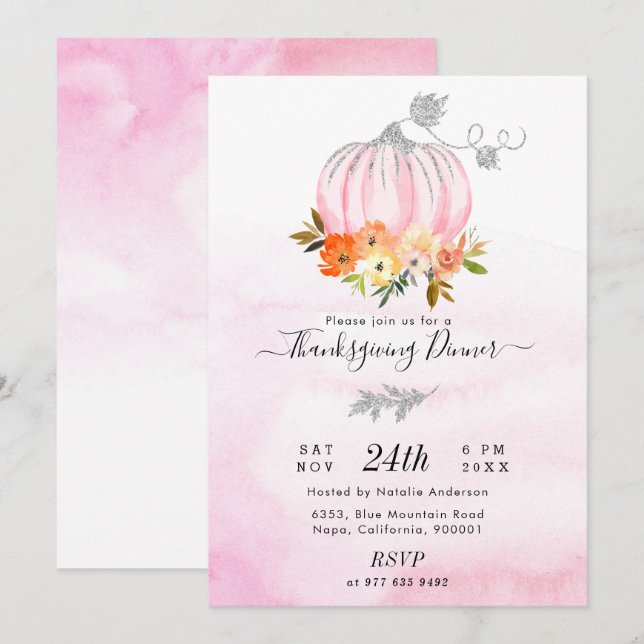 Luxury Pink and Silver Pumpkin Thanksgiving Dinner Invitation (Front/Back)