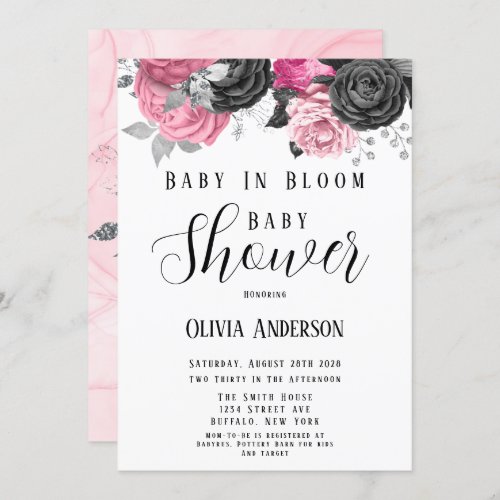 Luxury Pink Black Baby In Bloom Baby Shower Invita Invitation