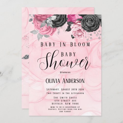 Luxury Pink Black Baby In Bloom Baby Shower Invitation