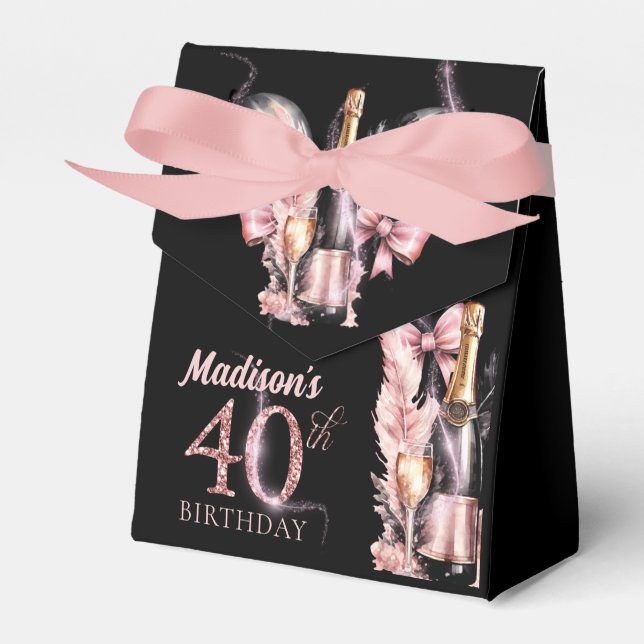 Luxury Pink Black Champagne 40th Birthday Favor Boxes (Front Side)