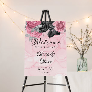 Luxury Pink Black Floral Ink Art Wedding Welcome Foam Board