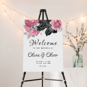 Luxury Pink Black Floral Ink Art Wedding Welcome Foam Board