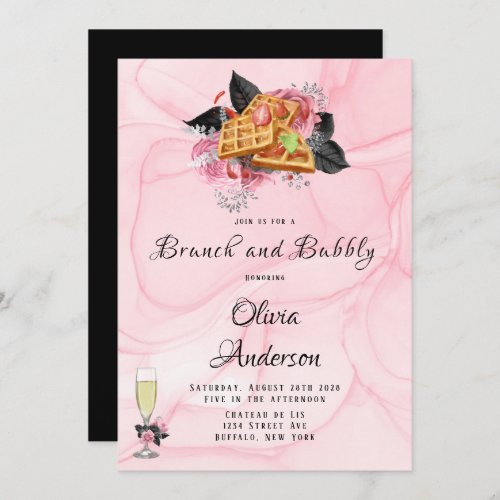 Luxury Pink Black Floral Inking Brunch  Bubbly  I Invitation