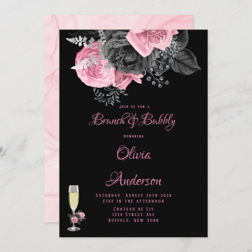 Luxury Pink Black Floral Inking Brunch  Bubbly  I Invitation