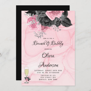 Luxury Pink Black Floral Inking Brunch & Bubbly Invitation
