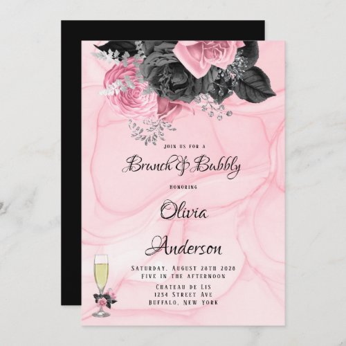Luxury Pink Black Floral Inking Brunch  Bubbly  Invitation