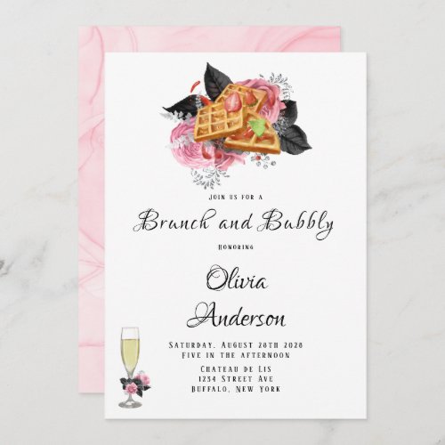 Luxury Pink Black Floral Inking Brunch  Bubbly Invitation