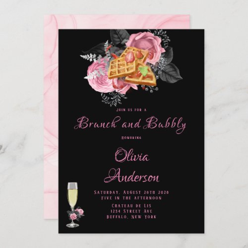 Luxury Pink Black Floral Inking Brunch  Bubbly Invitation