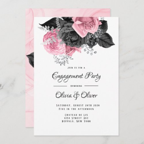 Luxury Pink Black Floral Inking Engagement Party   Invitation