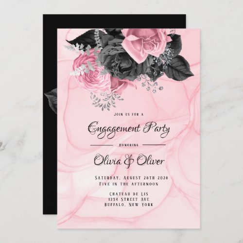 Luxury Pink Black Floral Inking Engagement Party  Invitation