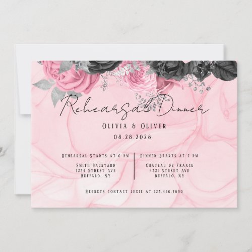 Luxury Pink  Black Floral Inking Rehearsal Dinner Invitation