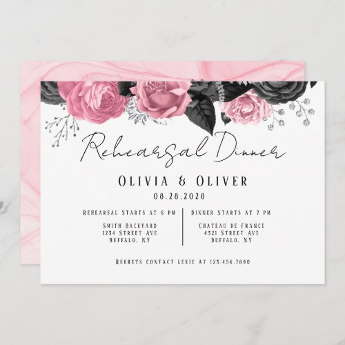 Luxury Pink  Black Floral Inking Rehearsal Dinner Invitation