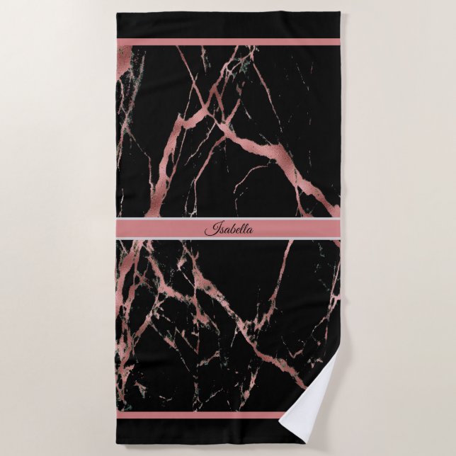 Luxury Pink Black Marble Customize Beach Towel (Front)