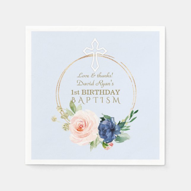 Luxury Pink Blue Floral Boy 1st Birthday & Baptism Napkins (Front)