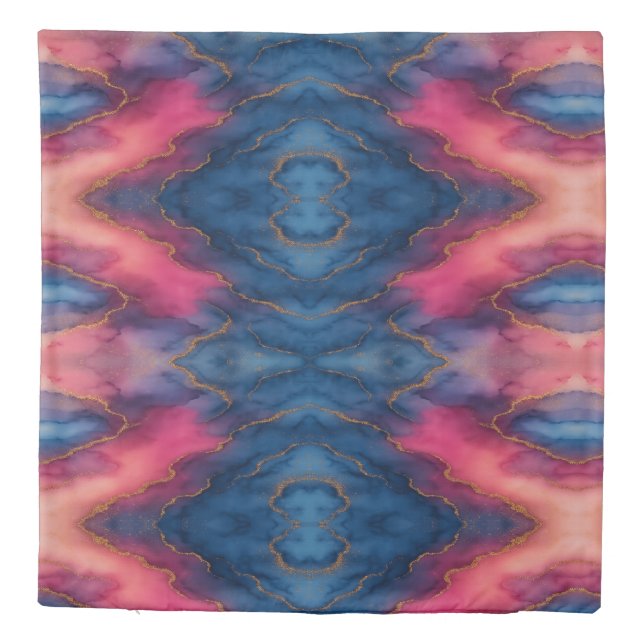 Luxury Pink Blue Gold Marble Duvet Cover (Back)